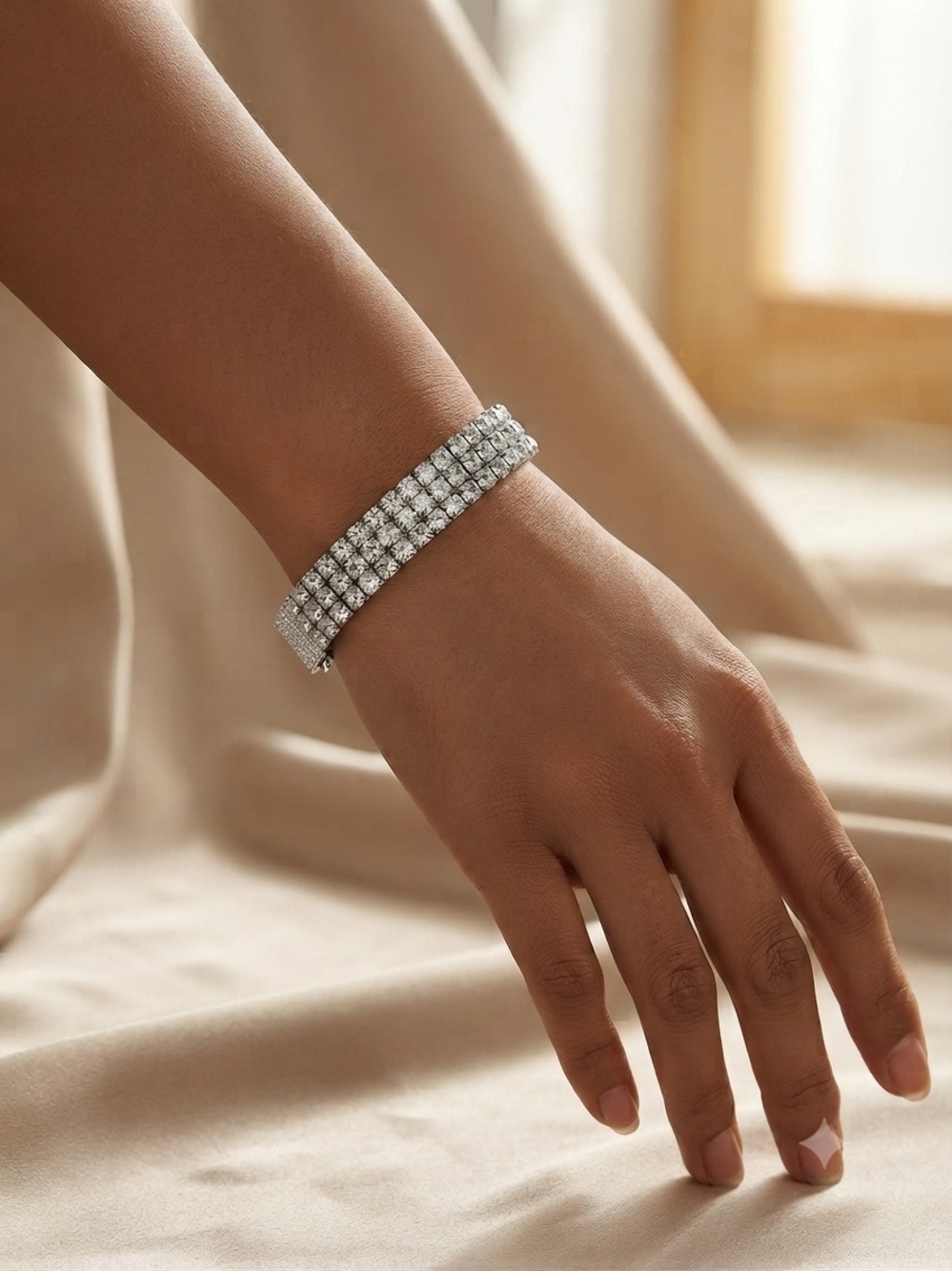 Three-Row Silver Crystal Bracelet for Women